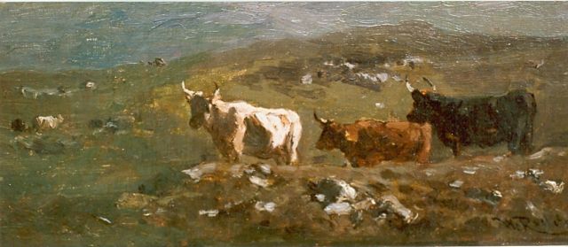 Willem Roelofs | Koeien op de berghelling, olieverf op doek op paneel, 12,0 x 26,3 cm, gesigneerd r.o.