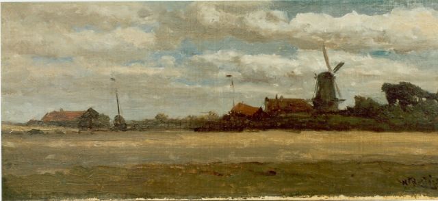 Willem Roelofs | Dorpje aan een vaart, olieverf op doek op paneel, 16,8 x 38,5 cm, gesigneerd r.o.
