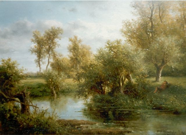 Willem Roelofs | Hengelaar bij bosbeek, olieverf op paneel, 25,0 x 35,5 cm, gesigneerd r.o. en gedateerd '51