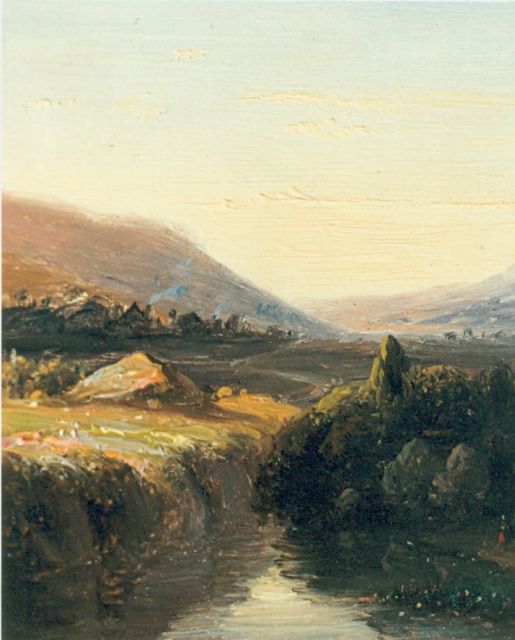 Nicolaas Roosenboom | Heuvelachtig rivierlandschap, olieverf op paneel, 11,0 x 9,0 cm, gesigneerd l.o.