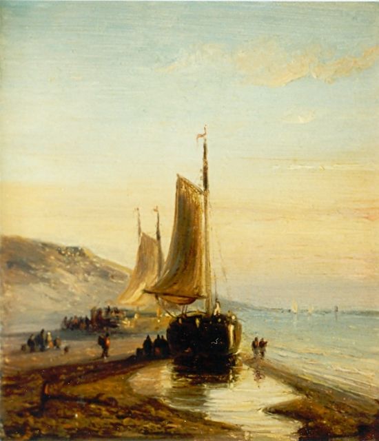 Nicolaas Roosenboom | Vissersboten op Scheveningse strand, olieverf op paneel, 11,0 x 9,0 cm, gesigneerd verso