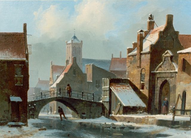 Cornelis Springer | Bevroren stadsgracht, olieverf op paneel, 17,2 x 23,2 cm, gesigneerd l.o. en gedateerd 1838