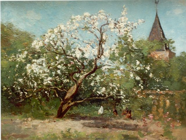 Louis Stuttenheim | Kippen onder bloesemboom, olieverf op doek, 30,0 x 40,0 cm, gesigneerd r.o.