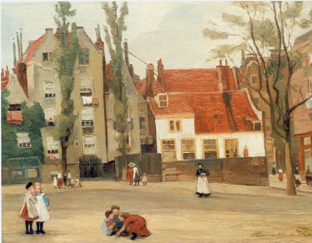 Henriëtte de Vries | Spelende kinderen op een plein, olieverf op doek, 32,5 x 43,0 cm, gesigneerd l.o.