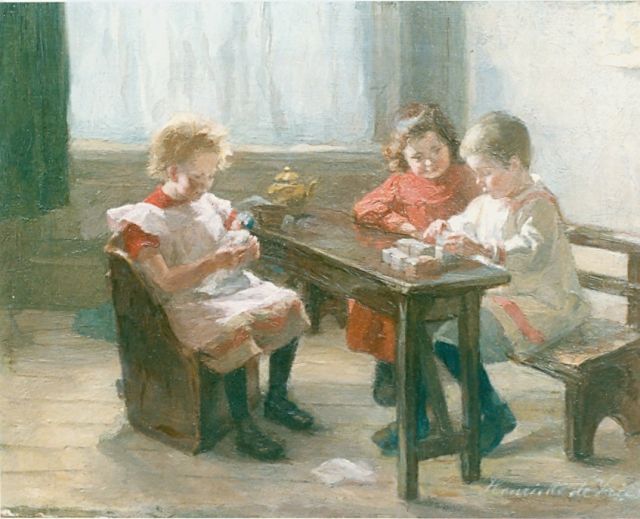Henriëtte de Vries | Spelende kinderen aan een tafel, olieverf op doek, 25,5 x 32,7 cm, gesigneerd r.o.