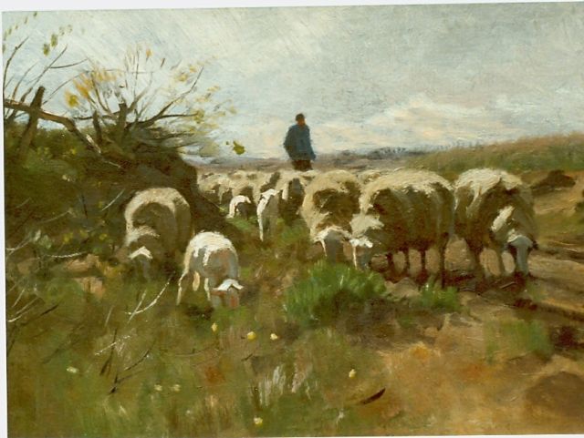 Herman van der Weele | Herder en zijn kudde schapen op de heide, olieverf op doek op paneel, 36,2 x 50,4 cm