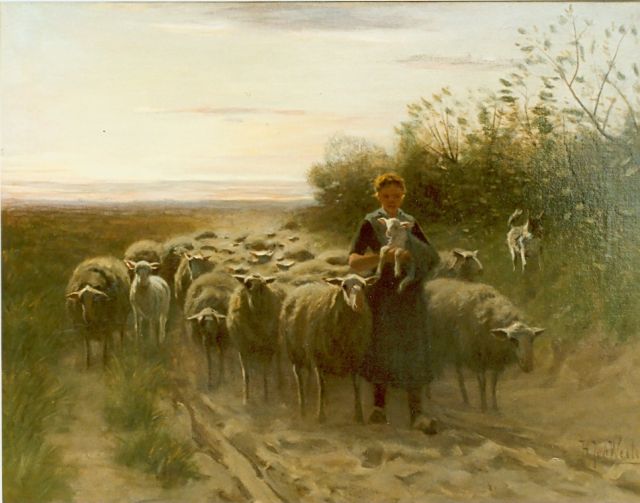 Herman van der Weele | Herderin met haar kudde schapen, olieverf op doek, 68,4 x 89,4 cm, gesigneerd r.o.