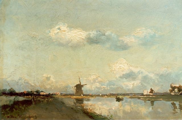 Willem Weissenbruch | Polderlandschap met molen op een zonnige dag, olieverf op paneel, 21,7 x 33,4 cm, gesigneerd l.o.