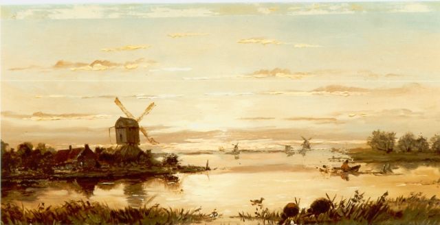 Anthonie Jacobus van Wijngaerdt | Plasgezicht bij avond met molens, olieverf op paneel, 19,0 x 36,0 cm, gesigneerd l.o.