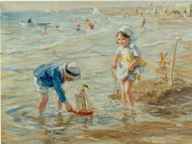 Jan Zoetelief Tromp | Spelende kinderen op het strand, olieverf op doek, 30,0 x 40,0 cm, gesigneerd r.o.