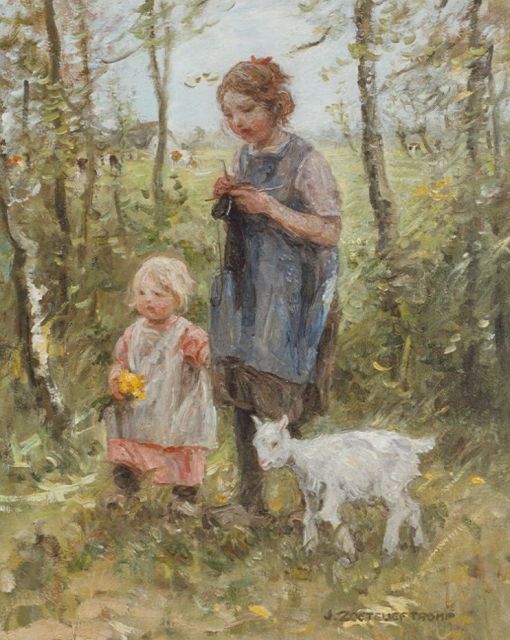 Jan Zoetelief Tromp | Huiswaarts, twee kinderen met geitje, olieverf op doek, 59,7 x 50,0 cm