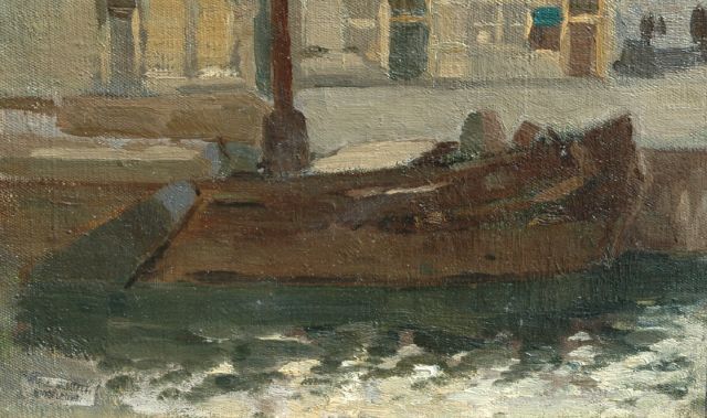 Willem Johannes Schütz | Boot aan de kade, olieverf op doek op paneel, 16,5 x 26,5 cm, gesigneerd voorzien van atelierstempel