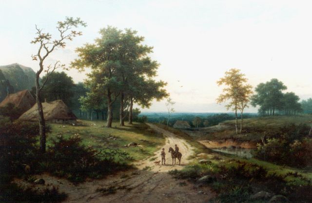 Hendrik Pieter Koekkoek | Heuvellandschap met paard en ruiter op landweg, olieverf op doek, 60,8 x 91,6 cm, gesigneerd l.o.