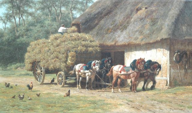 Willem Carel Nakken | Het opslaan van het hooi, olieverf op doek, 47,7 x 80,1 cm, gesigneerd r.o.