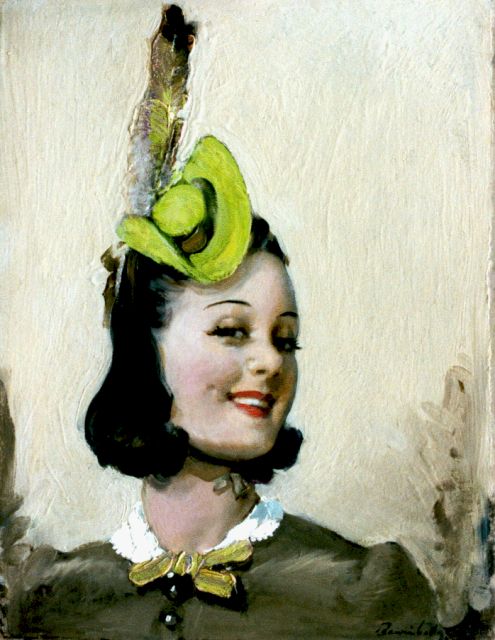 Barribal W.H.  | Dame met groene hoed, olieverf op schildersboard 42,8 x 32,8 cm, gesigneerd r.o.