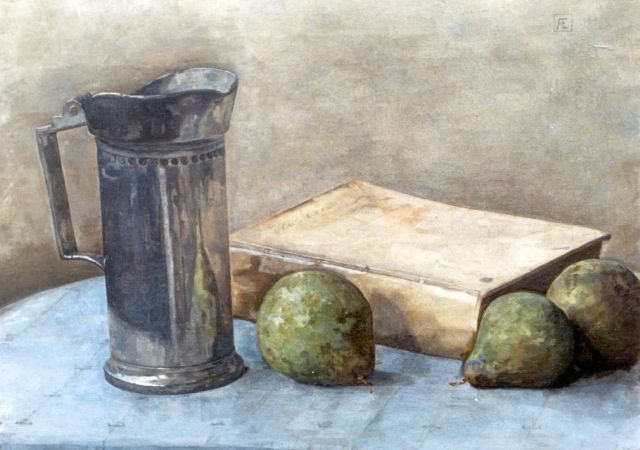 Antje Egter van Wissekerke | Stilleven met tinnen kan, een boek en drie peren, olieverf op doek, 28,6 x 39,0 cm, gesigneerd r.b. met mon. en gedateerd nov. '08