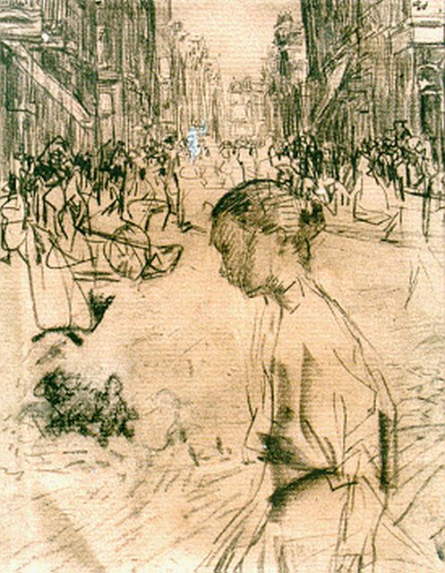 Isaac Israels | Waspit in Amsterdams straatbeeld, verso: vrouwenportret, krijt op papier, 15,5 x 12,0 cm, gesigneerd mogelijk mon. en te dateren 1893