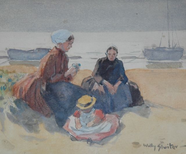 Willy Sluiter | Vissersvrouwen met kindje in de duinen, aquarel op papier, 11,0 x 13,5 cm, gesigneerd r.o.