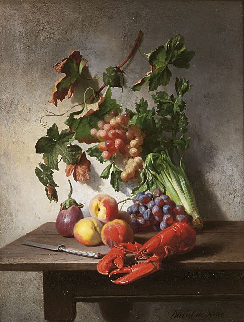 David de Noter | Stilleven met groente, fruit, kreeft en een mes, olieverf op paneel, 37,0 x 28,3 cm, gesigneerd r.o.