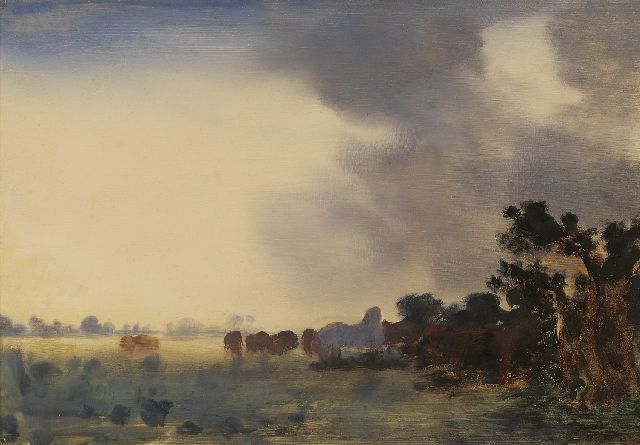Jan Voerman sr. | Landschap met paarden, donkere lucht, olieverf op paneel, 22,0 x 32,0 cm, gesigneerd r.o. met initialen