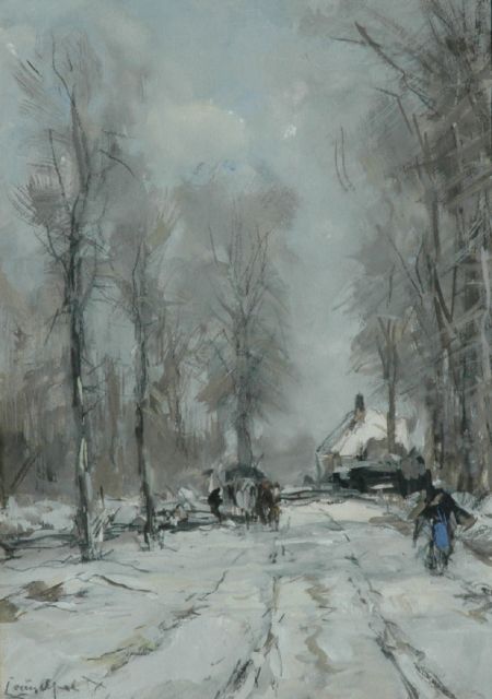 Louis Apol | Landvolk en paard-en-wagen op een winterse landweg, gouache en zwart krijt op papier, 20,9 x 14,6 cm, gesigneerd l.o.