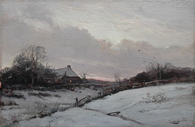 Louis Apol | Boerderij in sneeuwlandschap bij ondergaande zon, olieverf op paneel, 27,5 x 42,0 cm, gesigneerd r.o.