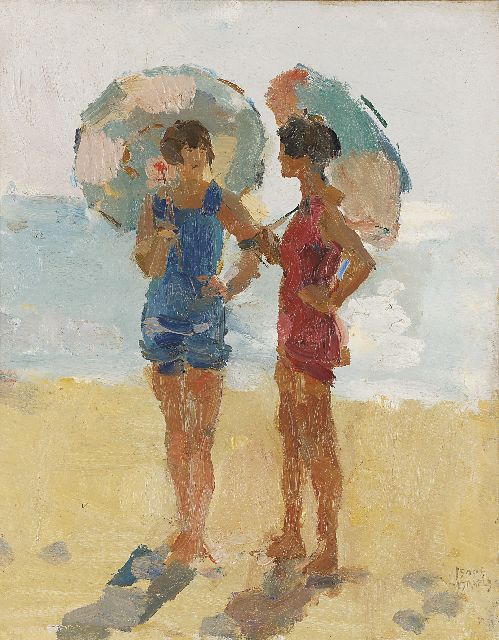 Isaac Israels | Meisjes met parasol op het strand, Viareggio, olieverf op doek, 50,4 x 40,5 cm, gesigneerd r.o. en te dateren 1923-1934