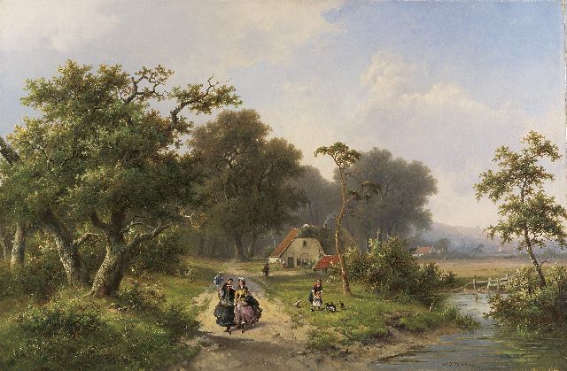 Hendrik Pieter Koekkoek | Elegante dames wandelend op een bospad, bij een boerenerf, olieverf op doek, 66,5 x 99,6 cm, gesigneerd r.o.