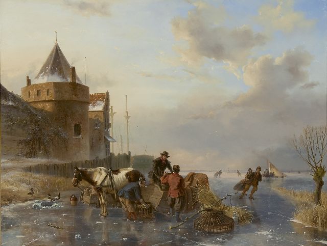 Nicolaas Roosenboom | Het afladen van de paardenslee, met de Amsterdamse Schreierstoren, olieverf op paneel, 63,5 x 83,4 cm, gesigneerd l.o. en te dateren 1844-1845
