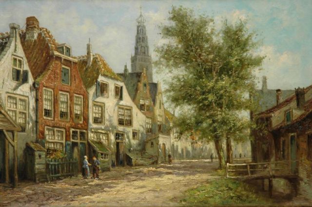 Jan van Laar | Achterom met Bakenessekerk in Haarlem, olieverf op doek, 40,2 x 60,3 cm, gesigneerd l.o. en verso