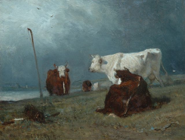 Troyon C.  | Koeien aan de waterkant, olieverf op paneel 18,7 x 24,8 cm, gesigneerd l.v.h.m.
