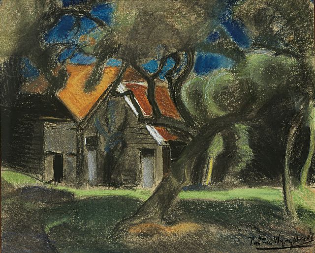 Piet van Wijngaerdt | Schuur onder bomen, pastel op schildersboard, 62,5 x 74,0 cm, gesigneerd r.o. en te dateren 1918-1921