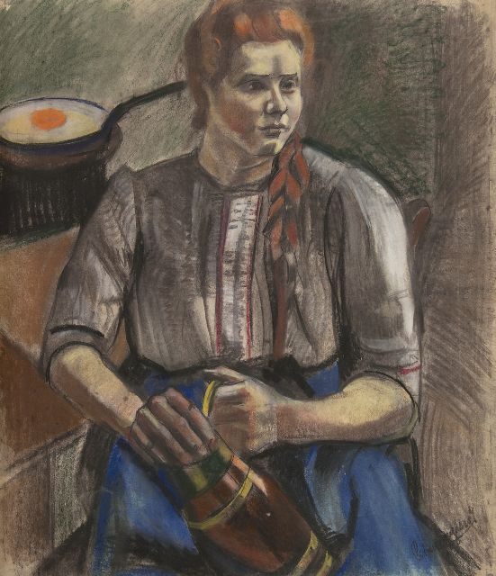 Piet van Wijngaerdt | Keukenstuk met vrouw, houtskool en pastel op papier, 100,0 x 87,0 cm, gesigneerd r.o. en te dat. ca. 1921