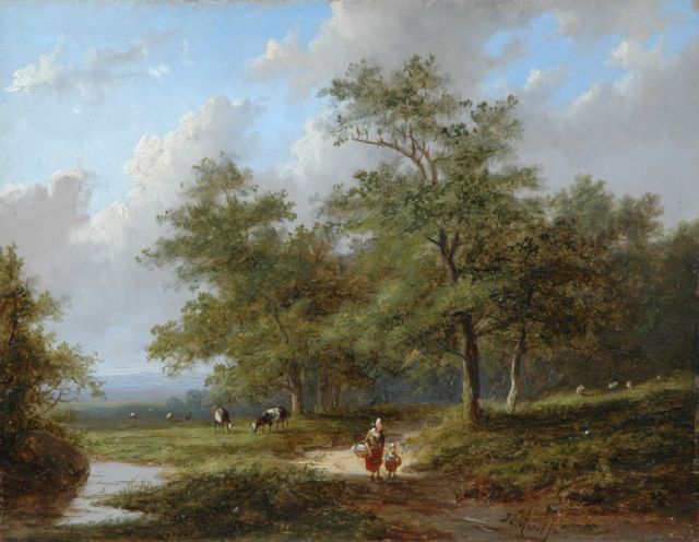 Jan Evert Morel II | Boslandschap met vrouw en kind, olieverf op paneel, 15,6 x 20,0 cm, gesigneerd r.o.