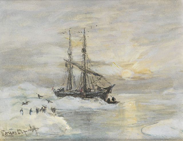 Apol L.F.H.  | De Willem Barentsz in Spitsbergen met alken op een ijsschots, gouache op papier 11,2 x 14,0 cm, gesigneerd l.o.
