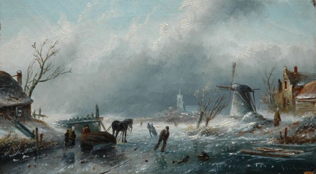 Jacob Jan Coenraad Spohler | IJsgezicht bij opkomende storm, olieverf op doek, 18,2 x 32,0 cm, gesigneerd r.o.