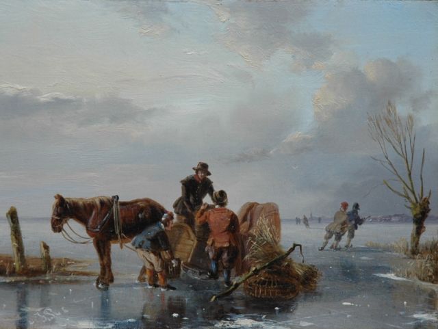 Nicolaas Roosenboom | IJsgezicht met schaatsers en paardenslee, olieverf op paneel, 12,8 x 17,1 cm, gesigneerd l.o. met initialen