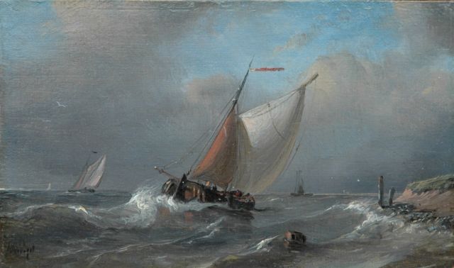 Petrus Paulus Schiedges | Onder de kust zeilend beurtschip (alleen tezamen met 10277), olieverf op paneel, 9,4 x 16,0 cm, gesigneerd l.o.