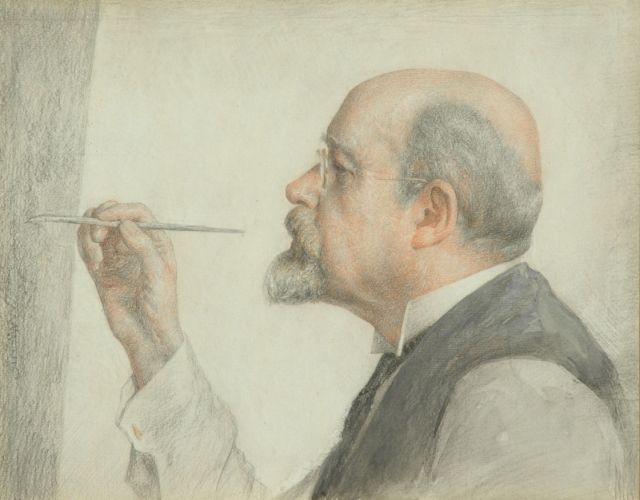 Georg Rueter | Prof. dr. Jan Veth achter zijn schildersezel, kleurpotlood op papier, 27,1 x 33,6 cm