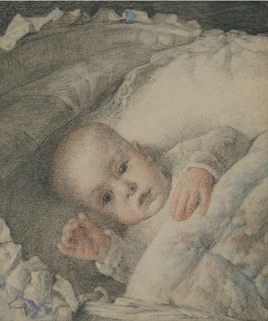 Rueter W.C.G.  | Babyportret van Jan Peter Moes, kleurpotlood en krijt op papier 32,6 x 27,9 cm, gesigneerd r.o. en gedateerd 1920