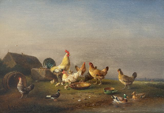 Frans van Severdonck | Pluimvee en vogels in weids landschap, olieverf op paneel, 17,8 x 26,0 cm, gesigneerd l.o. en gedateerd 1886