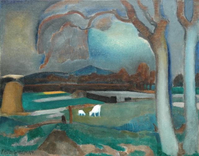 Matthieu Wiegman | Landschap met geitjes, olieverf op doek, 77,0 x 96,5 cm, gesigneerd l.o. en te dateren ca. 1914-1916