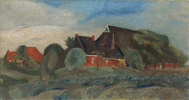 Jan Wiegers | Boerderijen bij Groningen, olieverf op doek, 40,1 x 75,0 cm, gesigneerd r.o. en te dateren ca. 1930-1933