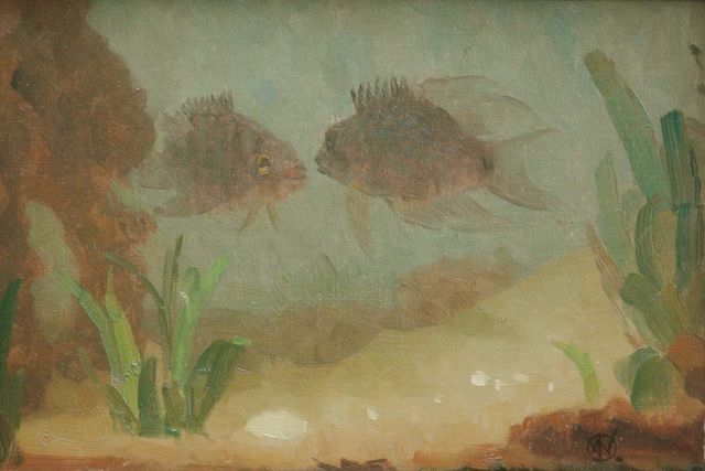 Gerrit Willem Dijsselhof | Vissen in een aquarium, olieverf op doek, 18,0 x 25,5 cm, gesigneerd r.o. met monogram