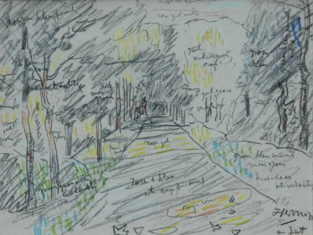 Jan Toorop | Studie van een boslaan, met kleuraanduidingen, potlood en pastel op papier, 11,1 x 14,7 cm, gesigneerd r.o.