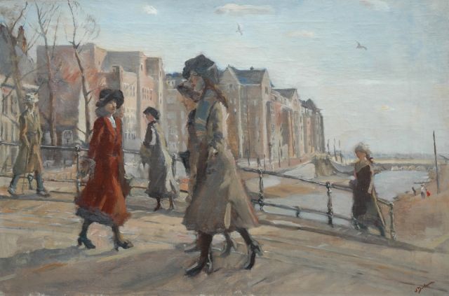Erasmus Bernhard von Dülmen Krumpelmann | Vrouwen op een brug in Amsterdam, olieverf op doek, 51,5 x 76,9 cm, gesigneerd r.o.