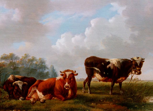 Albertus Verhoesen | Stier en koeien aan een plas, olieverf op paneel, 25,2 x 32,0 cm, gesigneerd l.o. en gedateerd 1857