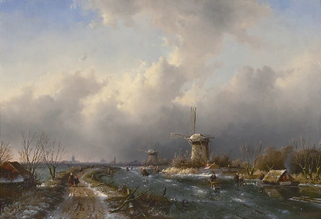 Charles Leickert | Schaatsers op het ijs met molens en een stad aan de horizon, olieverf op paneel, 50,4 x 73,9 cm, gesigneerd r.o. en gedateerd '53
