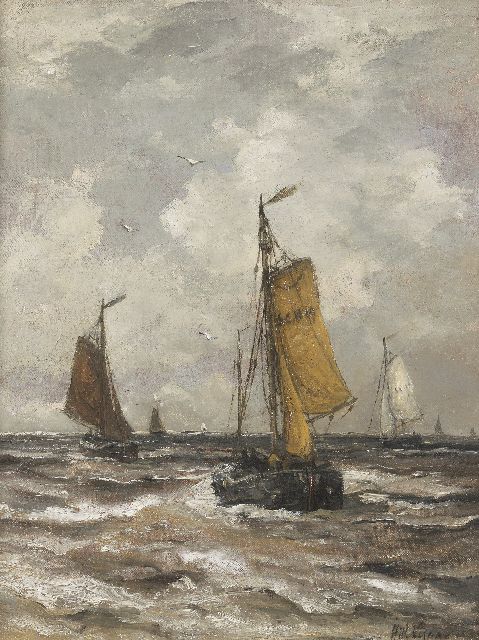 Hendrik Willem Mesdag | Terugkerende bomschuiten, olieverf op doek, 50,7 x 39,8 cm, gesigneerd r.o. en gedateerd 19(..) (VERKOCHT)
