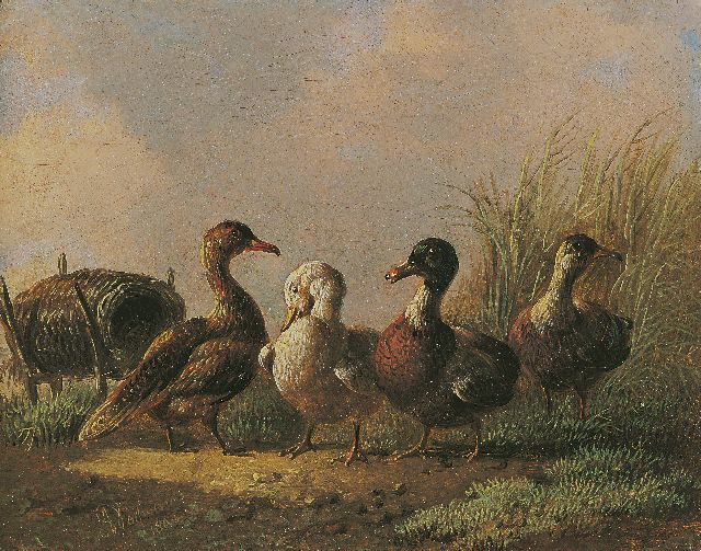 Albertus Verhoesen | Vier eenden, olieverf op paneel, 9,7 x 12,4 cm, gesigneerd l.o. en gedateerd 1861